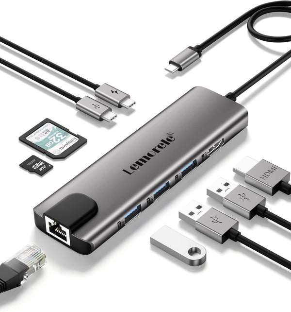 Lemorele USB C Hub Multiport Adapter, 9 in 1, Gigabit Ethernet, 100W PD, HDMI 4K, for MacBook, Lenovo, HP