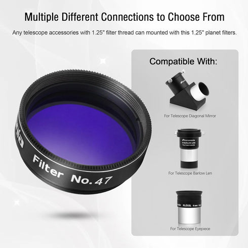 Astromania Telescope Filter #47, 1.25 Inch Dark Blue Planetary Filter with Metal Frame for Lunar Observation