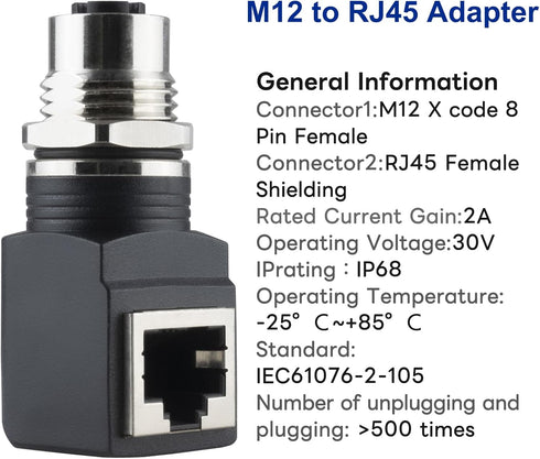 RJ45 to M12 X Coded 8 Pin Adapter, IP68 Shielded Industrial Ethernet Adapter for Basler Cognex Camera Sensor