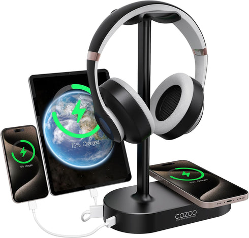 COZOO Headphone Stand with Fast Wireless Charging Pad and 2 USB Charging Ports for Gaming, DJ Accessories