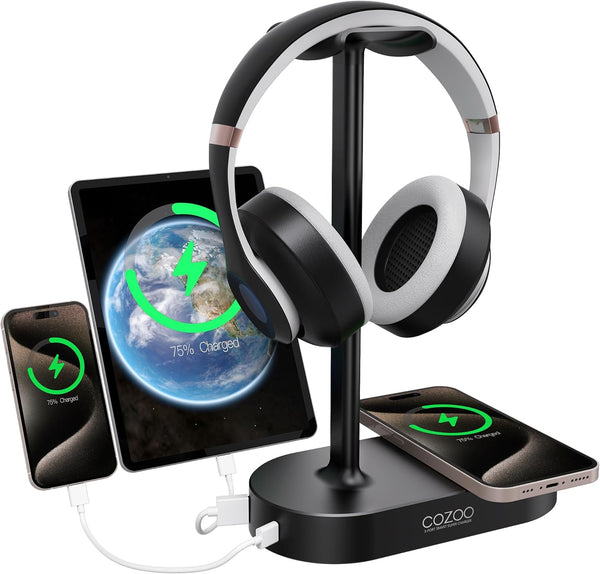 COZOO Headphone Stand with Fast Wireless Charging Pad and 2 USB Charging Ports for Gaming, DJ Accessories
