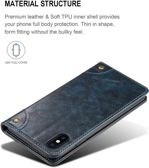 SINIANL iPhone XR Leather Wallet Folio Case, Book Design Flip Cover with Stand, ID Credit Card Slot, Blue