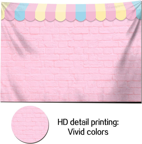 HQM 7X5ft Pink Brick Wall Ice Cream Parlor Photography Background Fabric Princess Girl Kids Baby Girl Birthday Party
