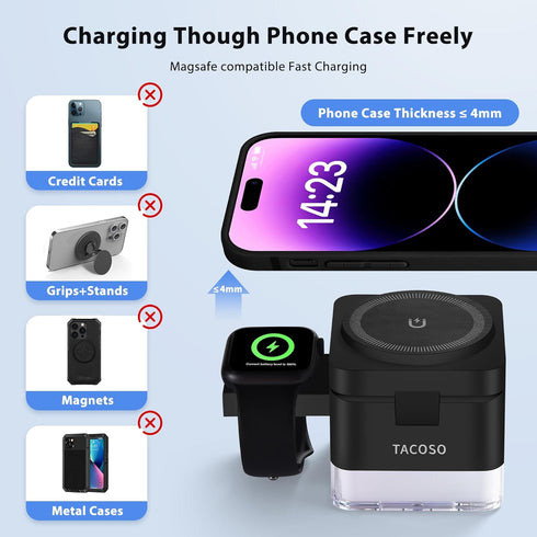3 in 1 Wireless Charger Stand, Foldable Apple Charging Station Cube with LED Night Light for iPhone