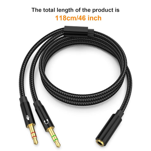 Headphone Splitter Mic Cable, 3.5mm Female to Dual Male Audio Splitter Cord, 46inch, Black