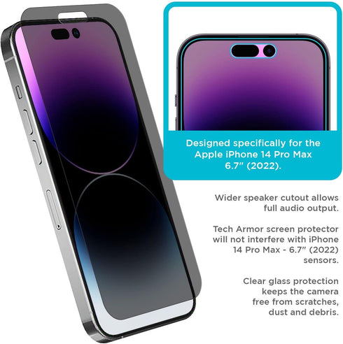 Tech Armor Privacy Ballistic Glass Screen Protector for iPhone 14 Pro Max - 5G 6.7 Inch Tempered Glass