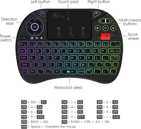 Rii X8 Mini Keyboard, 2.4GHz Portable Wireless Keyboard with Touchpad Mouse, RGB Backlit, Rechargeable for Android TV