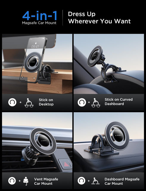 LISEN Magnetic Phone Holder for Car Vent, Magsafe Car Mount, Hands-Free Cell Phone Holder for Dashboard, Windshield,