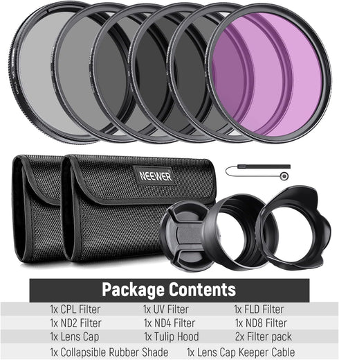 NEEWER 77mm ND2/4/8, UV/CPL/FLD Filter Kit with Lens Hoods, Cap, Pouch, Safety Tether & Cleaning Cloth
