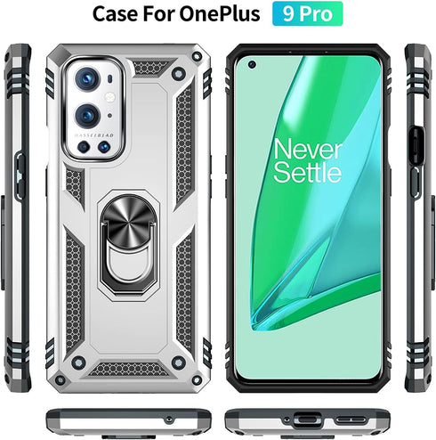 Military Grade Drop Impact Case for Oneplus 9 Pro, 360 Metal Rotating Ring Kickstand Holder, Shockproof (Silver)