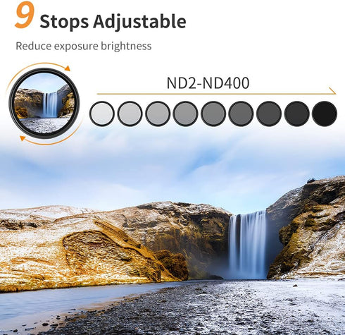 K&F Concept 77mm Variable ND2-ND400 Lens Filter, Adjustable Neutral Density Filter with Microfiber Cleaning Cloth