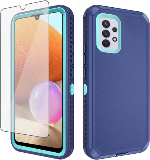 Asuwish Phone Case for Samsung Galaxy A32 4G, Blue Hybrid Rugged Cover with Tempered Glass Screen Protector