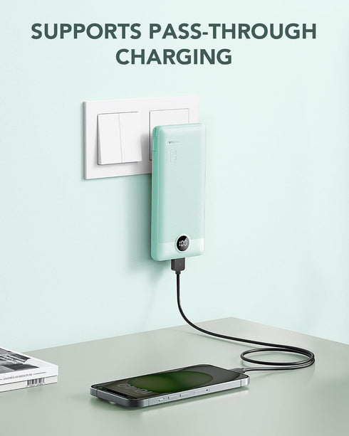 VRURC Portable Charger 10000mAh, Built-in Cables & AC Wall Plug, Compact Lightweight Power Bank for Smart Phones - Green