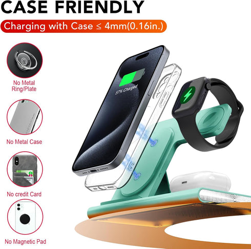 3 in 1 Foldable Charging Station for Apple Products, Fast Wireless Charger Dock for iPhone, iWatch, AirPods (Green)