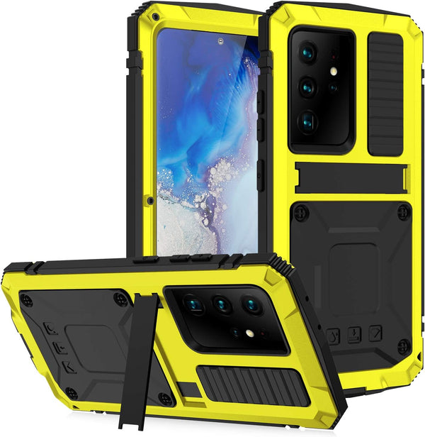 Galaxy S22 Ultra Rugged Case, Metal Bumper with Built-in Screen Protector & Stand, Waterproof Heavy Duty Cover (Yellow)