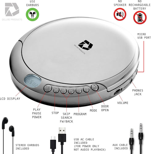 Portable CD Player with 60 Second Anti Skip, Stereo Earbuds, Includes Aux in Cable and AC USB Power Cable for Home or