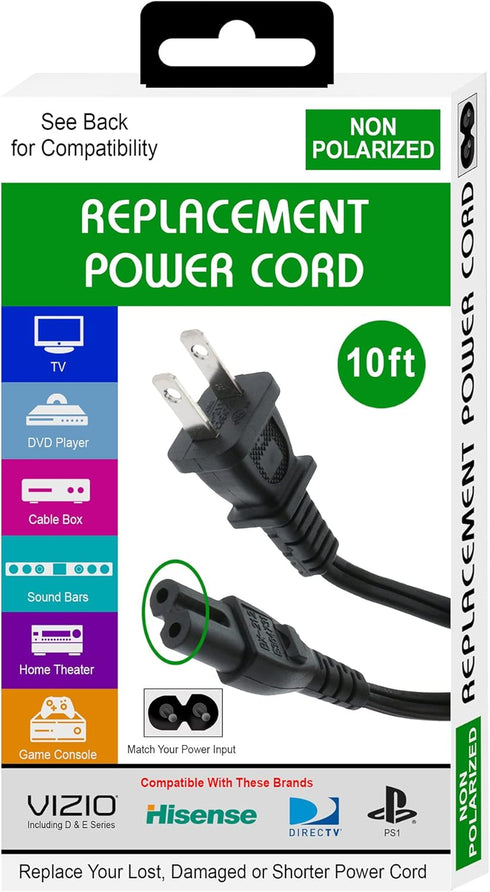 Xtreme 10 Foot Non-Polarized Replacement Power Cord for TVs, Game Consoles, Printers, and More