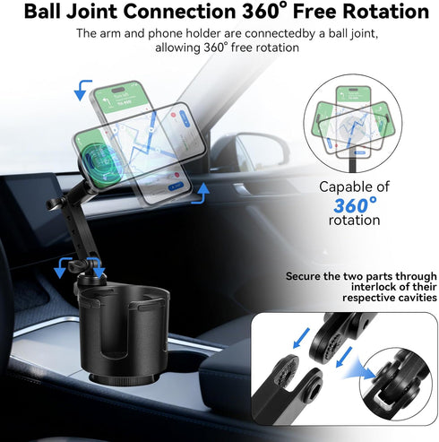 Hiitytin 2-in-1 360 Magnetic Car Cup Holder Phone Holder, Cup Holder Extender for Car, Universal Magsafe Cupholder Car