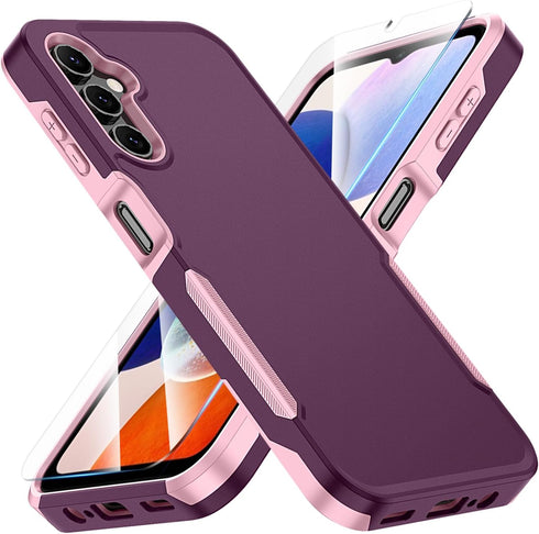 SunRemex Samsung Galaxy A14 5G Case, Dual Layer Heavy Duty Shockproof with HD Screen Protector (WineRedPink)