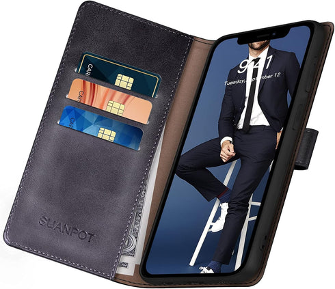 SUANPOT iPhone 13 Pro Wallet Case with RFID Blocking, Flip Book PU Leather Shockproof Cover for Apple 13 Pro, Black