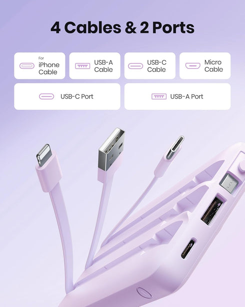 Coowisty 10000mAh Pack 5 2 Portable Charger with Built-in Cable, Slim USB C Power Bank, External Battery Outputs Inputs