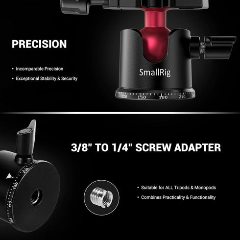 SmallRig Mini Ball Head, Tripod Head Camera 360° Panoramic with 1/4" Screw, 3/8" Thread Mount, Max Load 4.4lbs