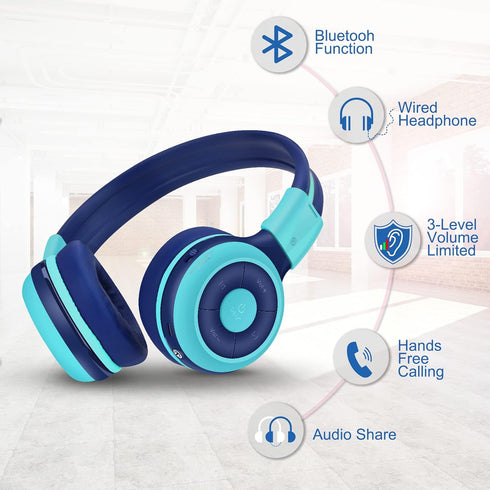 SIMOLIO Kids Bluetooth Headphones with Microphone and 75dB,85dB,94dB Volume Limit, Foldable Lightweight & Adjustable, Wireless Headphones for Kids Boys Girls Children Tablet iPad Blue