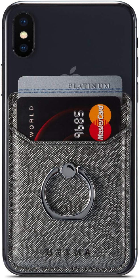 Phone Card Holder with Ring Grip for Back of Phone, Adhesive Stick-on Credit Card Wallet Pocket for Smartphones (Gun