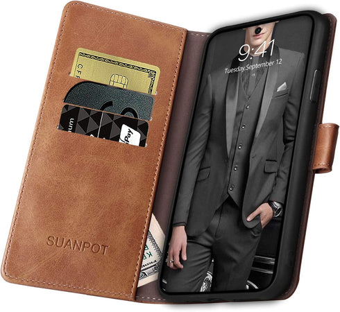 SUANPOT Leather Wallet Case for Samsung Galaxy A52 4G & 5G, RFID Credit Card Holder, Shockproof Cover, Light Brown