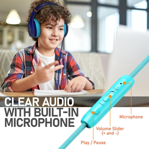 FosPower Kids Headphones, Safe Volume Limit 85 dB, Over The Ear with Built-in Mic, Tangle-Free Cable, Mint/Pink