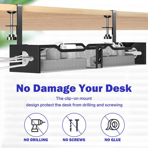 Under Desk Cable Management Tray 25.12", Extra Large No Drill Cord Organizer with Adjustable Clamps for Home Office