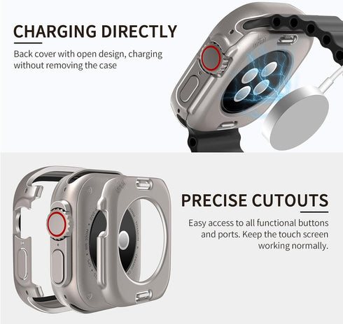 (2 in 1) Waterproof Case Compatible for Apple Watch Ultra/Ultra 2, Tempered Glass Protective PC Face Cover & Back Bumper