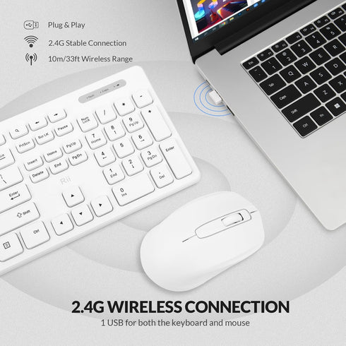 Wireless Keyboard and Mouse Combo, Rii Standard Office PC Keyboard and Optical Wireless Mice (White)