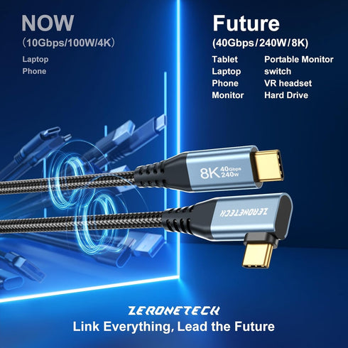 12 inch 4 1FT, 40Gbps 8K@60Hz 240W 90 ZeroneTeck USB C for Thunderbolt Cable High Speed Data Transfer Short, Right