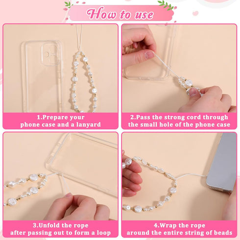 JJUNW 4 Pcs Beaded Phone Bracelet Strap, Cute Phone Charms Camera Charm Strap Pearl Beaded Butterfly Bow Flower Cute