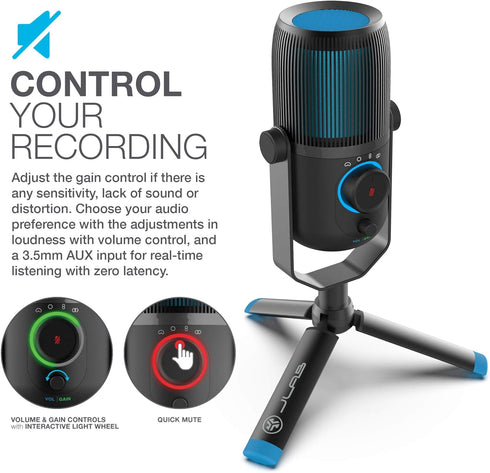 JLab Talk USB Microphone with USB-C Output, Cardioid, Omnidirectional, 96k Sample Rate, Volume Control, Plug & Play