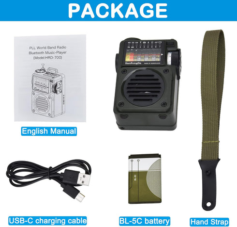HanRongDa Shortwave Radio, Bluetooth Speaker with MicroSD, FM MW WB SW Receiver, NOAA Alerts, Rechargeable Retro Analog