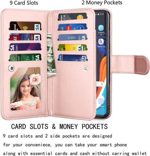 Njjex Galaxy S20 Wallet Case, 6.2", PU Leather, 9 Card Slots, Detachable Kickstand, Rose Gold