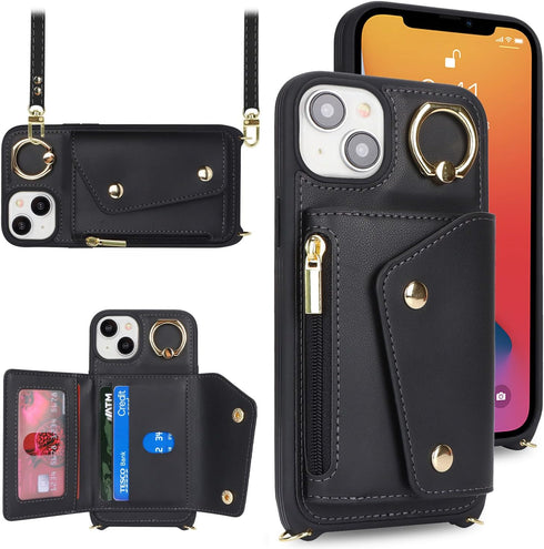 for iPhone 13 Case with Card Holder and Strap - Zipper Pocket,Crossbody Lanyard Strap,Credit Card Holder,Stand Ring,Cute Phone Wallet Case for Women(Black,6.1 Inch)