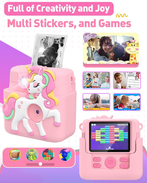 Kids Camera Instant Print - 1080P Digital Camera Toy with 32GB SD Card, Silicone Cover, Pink, Creative Gifts for Girls