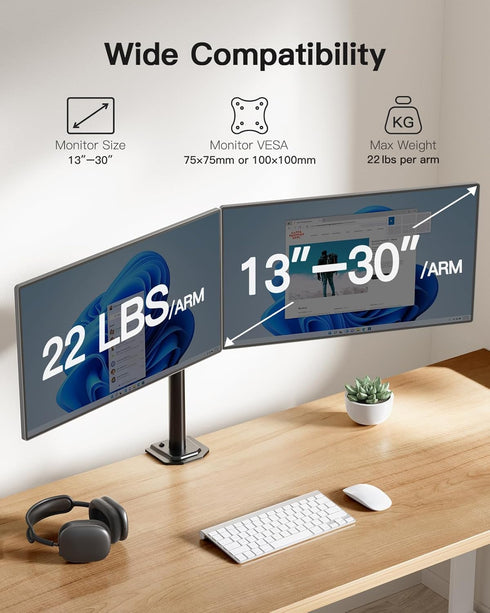 HUANUO Dual Monitor Mount for 2 Monitors up to 30 inches, Heavy Duty Stand with Adjustable Arm