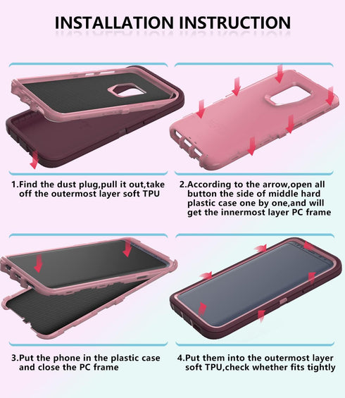 Shockproof Dropproof Case for Samsung Galaxy S9 Plus, Heavy Duty Protective Cover for 6.2 Inch (Purple/Pink)