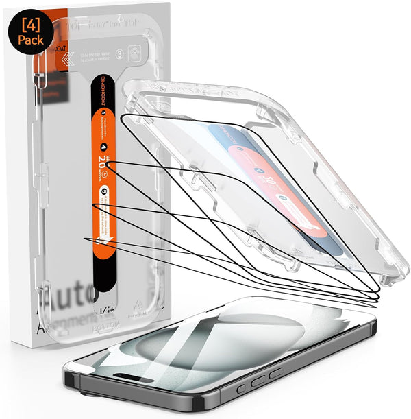 DIMONCOAT 4-PACK iPhone 15 Screen Protector, Auto Alignment Kit, Tempered Glass 10X Military Protection, Case Friendly