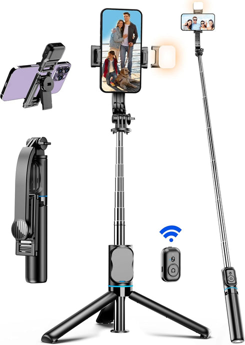 42" Selfie Stick Tripod with Fill Light, Extendable Phone Tripod Stand with Detachable Remote & Phone Holder
