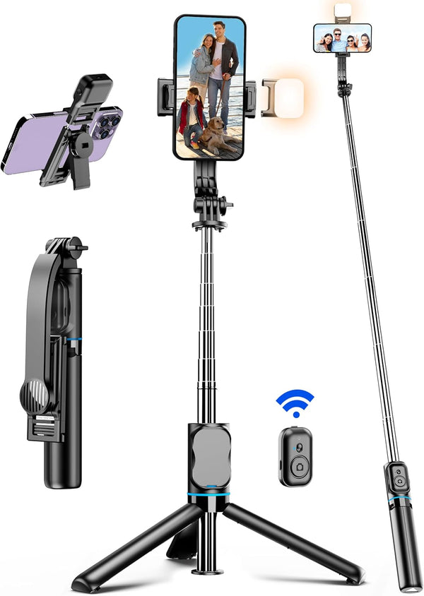 42" Selfie Stick Tripod with Fill Light, Extendable Phone Tripod Stand with Detachable Remote & Phone Holder