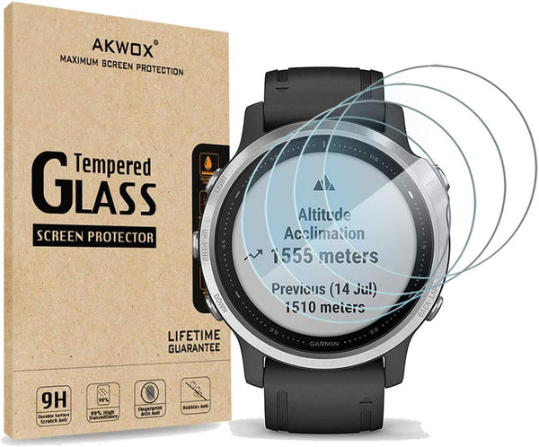 AKWOX Tempered Glass Screen Protector for Garmin Fenix 6S, Pack of 4, 0.3mm 2.5D High Definition 9H