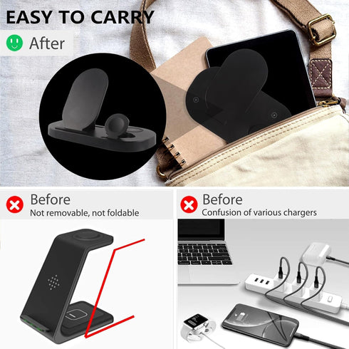 Wireless Charger 3 in 1 Charging Station Qi-Certified Fast Charging Stand for iPhone and Apple Watch