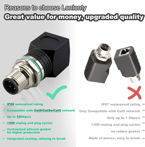 RJ45 to M12 4-Pin Adapter - M12 RJ45 Male Female Industrial Ethernet Connector, IP68 Waterproof, 10Gb/s Transmission