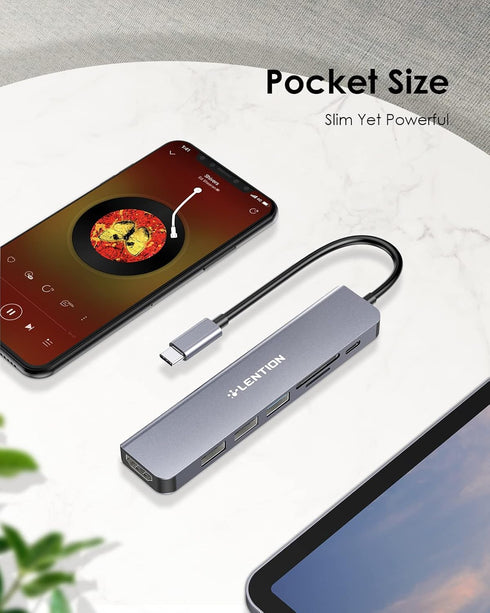 LENTION USB C Hub with 100W Charging, 4K HDMI, Dual Card Reader, USB 3.0 & 2.0 for MacBook Pro/Air, Space Gray