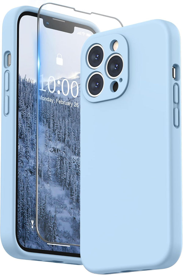 SURPHY iPhone 13 Pro Case, Light Blue, Liquid Silicone with Screen Protector, Camera Protection, Soft Microfiber Lining